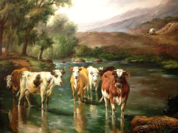 Painting of scene of cows in stream