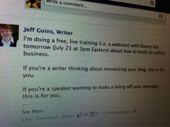 Jeff Goins Facebook update to writers