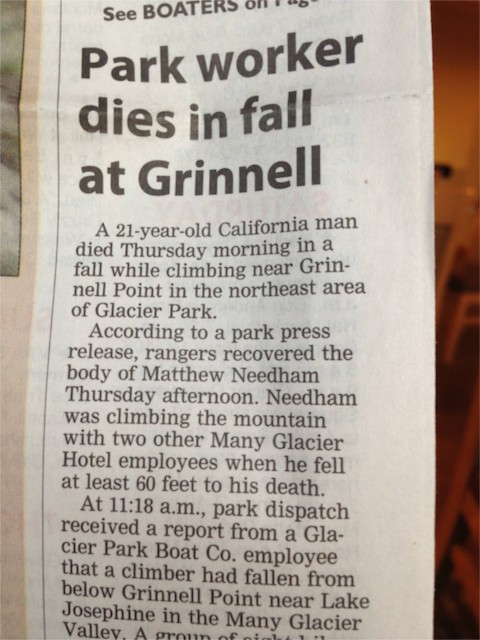 Death at Glacier park in newspaper