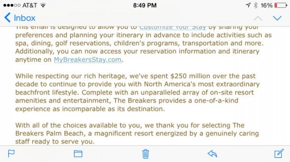 email from The Breakers, Palm Beach, Florida