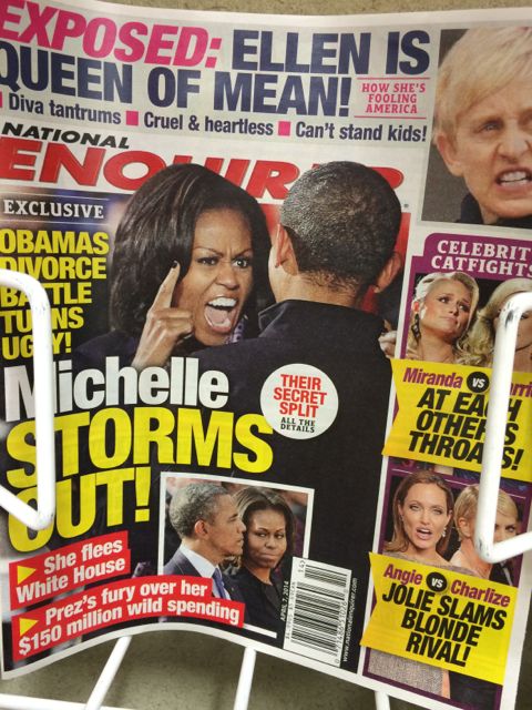 The Enquirer with Michelle Obama raging on the cover