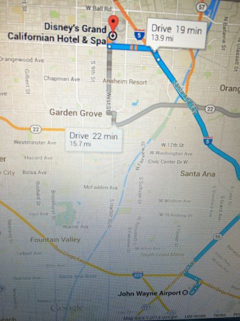 Google maps John Wayne Airport to Disney's Grand Californian Resort and Spa