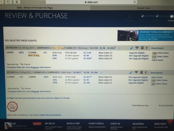 Delta International flight purchase screen shot