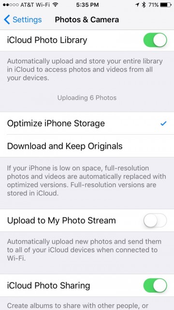iPhone Photos settings screen