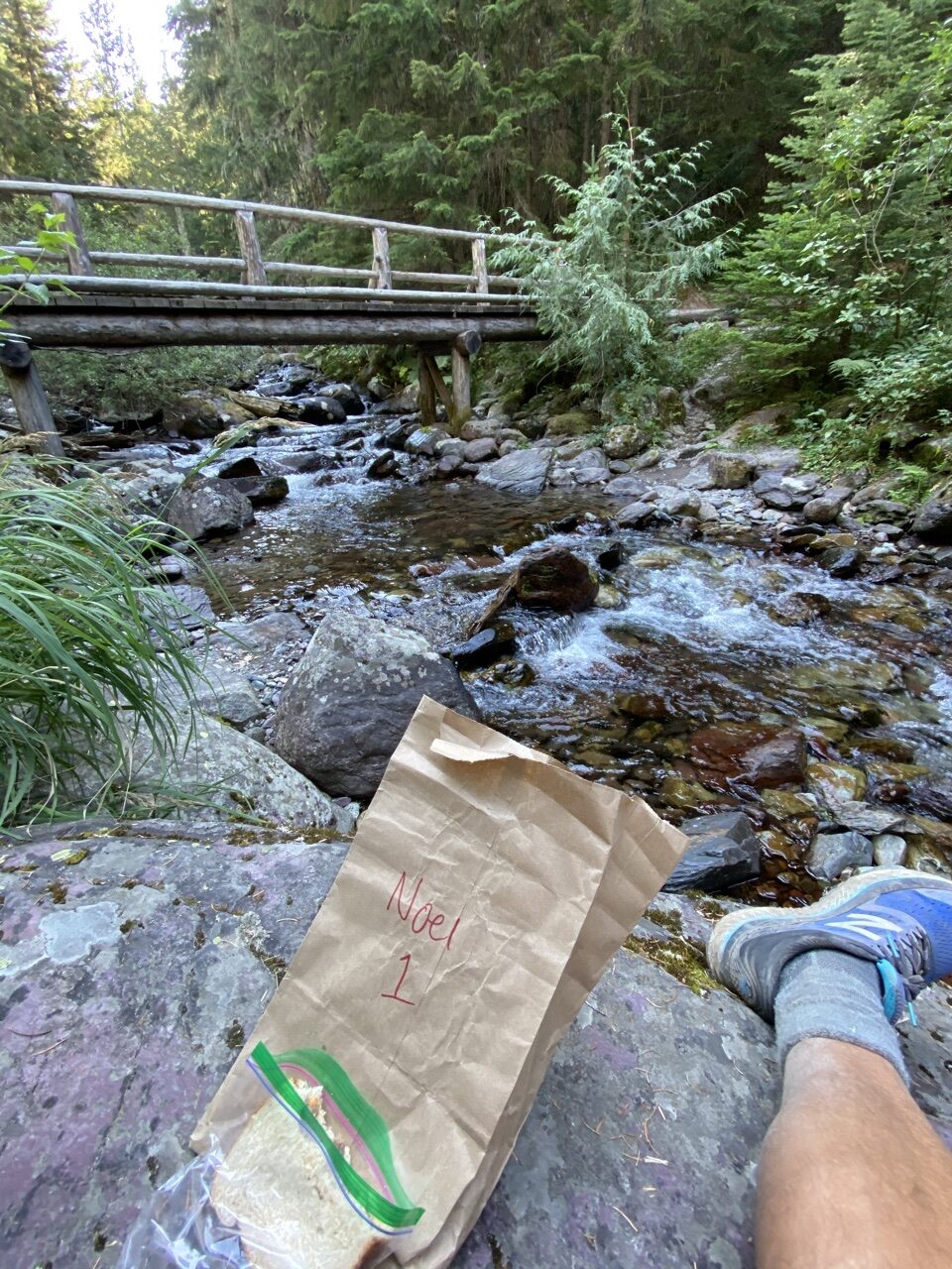 bridge over creek and hiker lunch bag