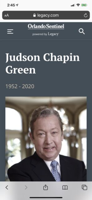 Judson Green, Disney Chairman, death announcement from Orlando Sentinel
