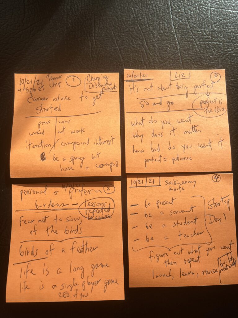 Four orange Post-it notes with hand written notes from a Podcast