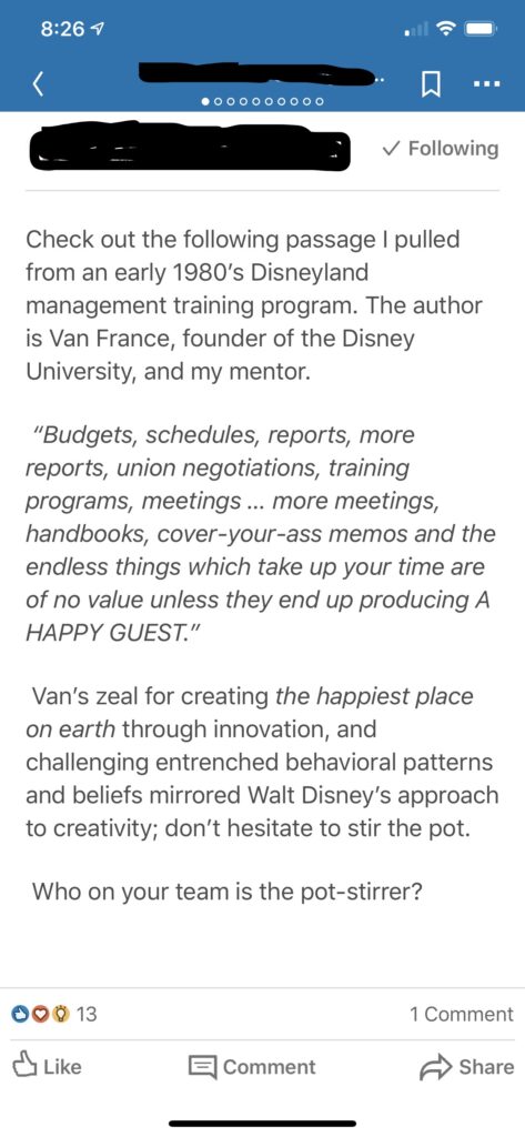 LinkedIn screenshot of Van France story