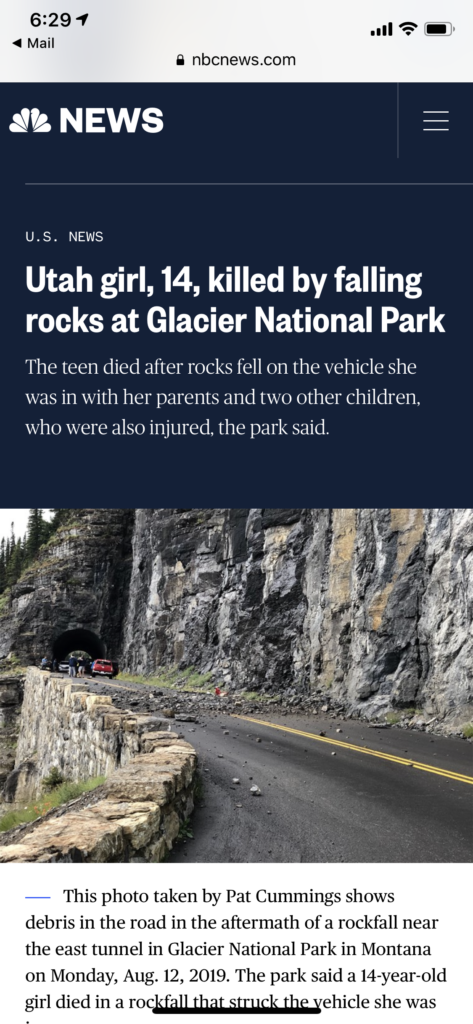 Article about death from falling rock in a national park