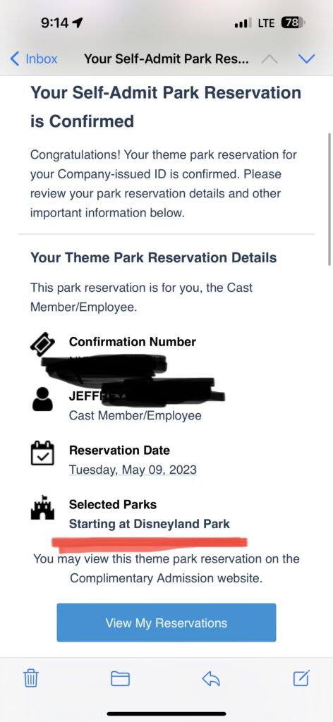 Disney park confirmation email