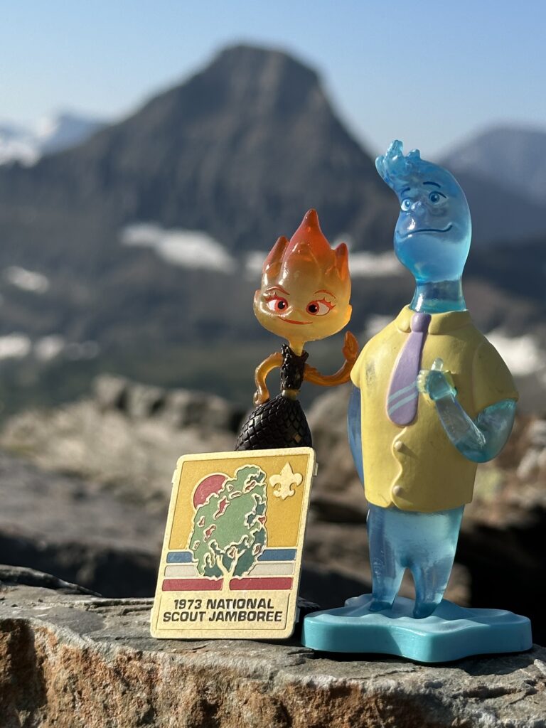 Disney Pixar elemental toy characters in the mountains