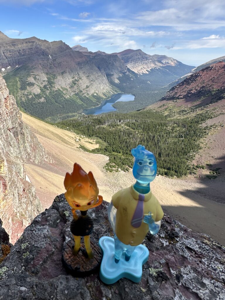 Pixar elemental toy figures in the mountains