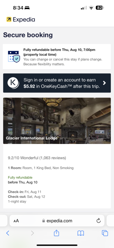 Expedia hotel reservation screen shot