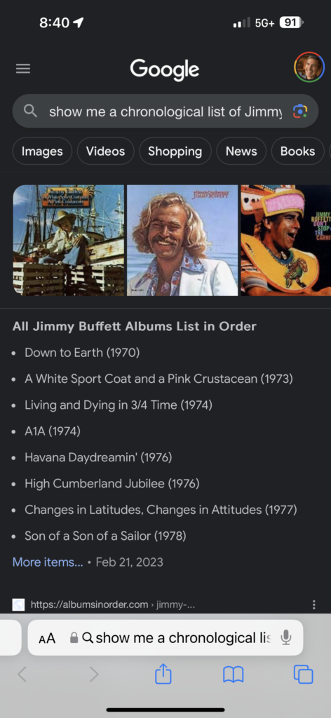 screen shot of Google search for Jimmy Buffett's album catalog