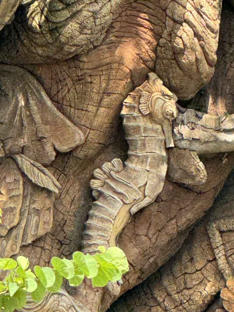 Seahorse carved into tree
