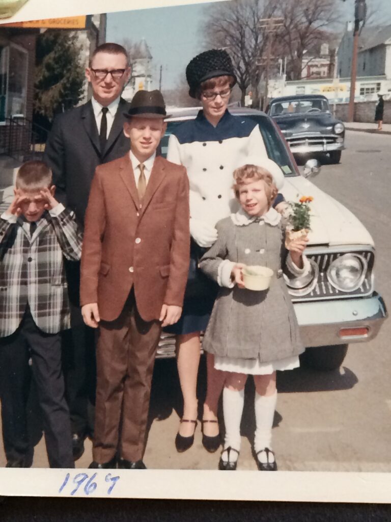 1960s family of five dressed up for Easter Sunday church