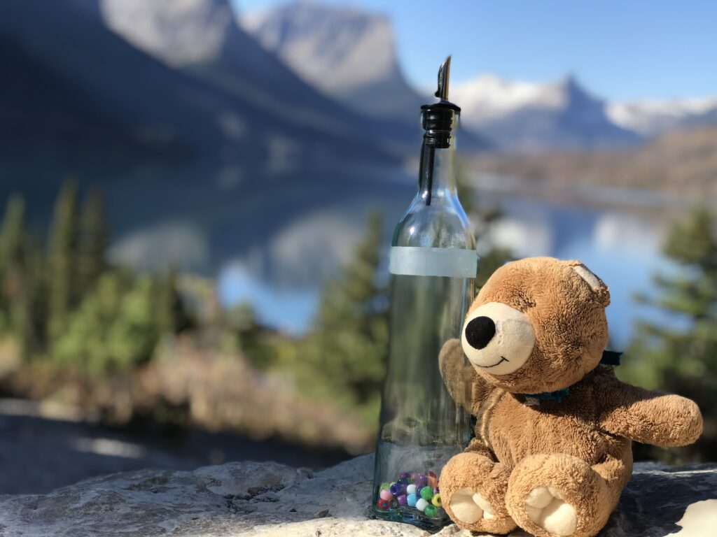 Teddy bear and a bead jar in the mountains