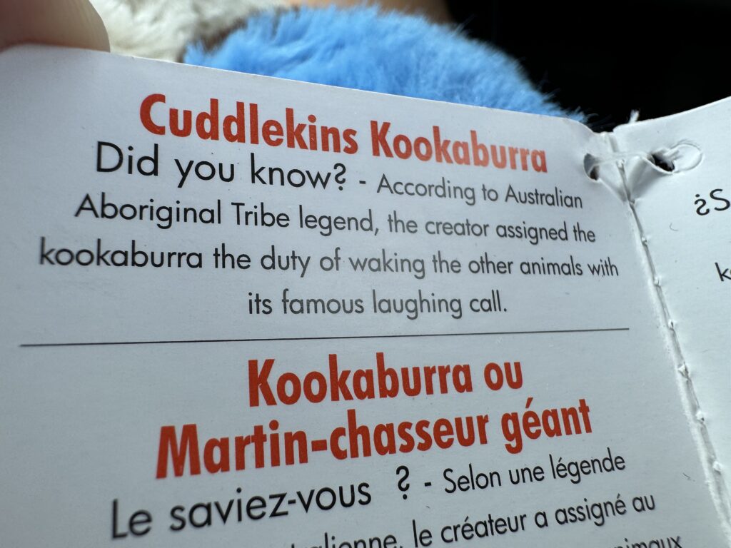 Kookaburra plush toy Fun fact tag