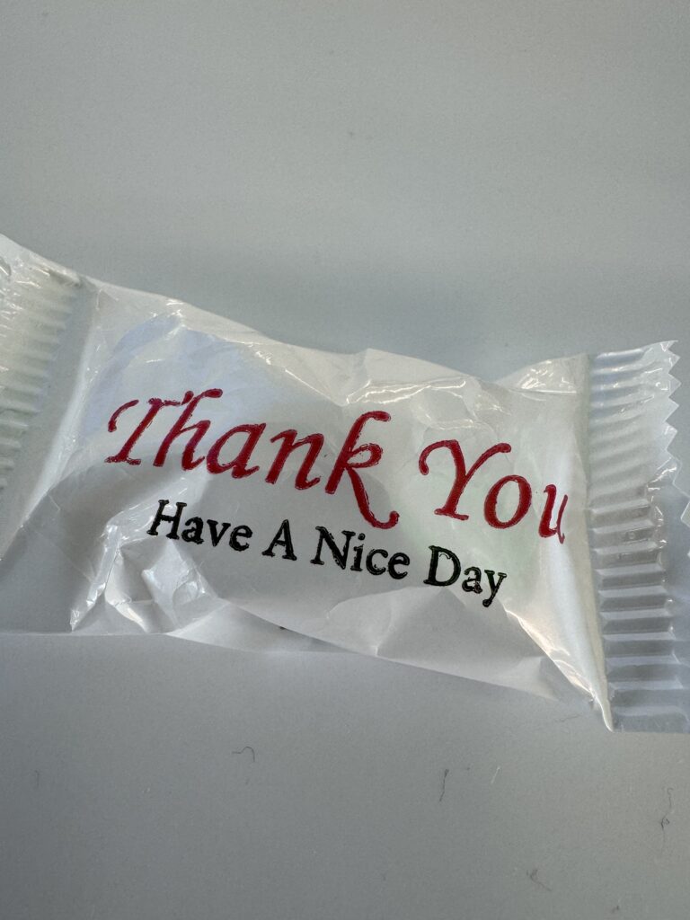 Thank you note on candy wrapper