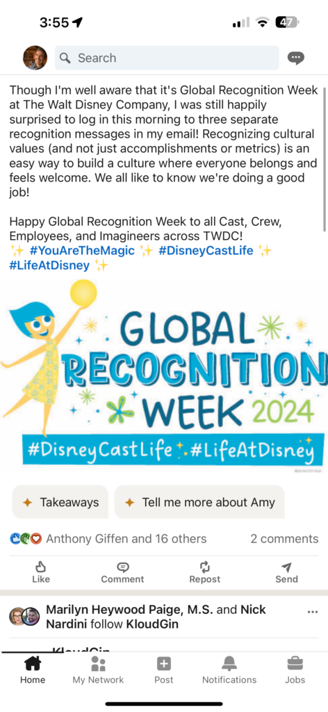 LinkedIn message from a Disney cast member with a graphic