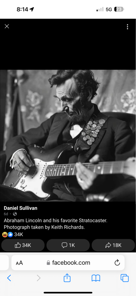 AI image of Abraham Lincoln playing an electric guitar 