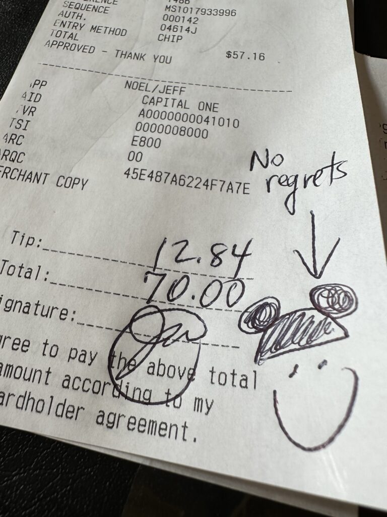 Fun signature on restaurant receipt 