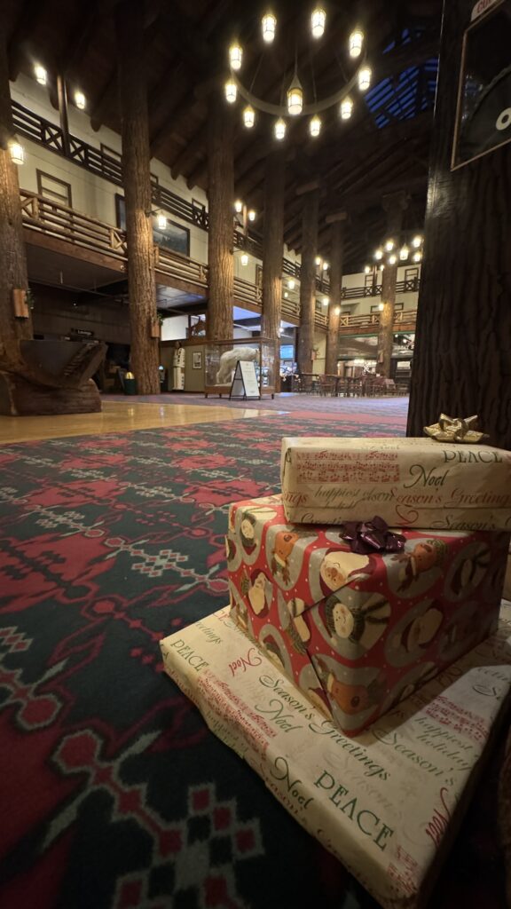 Wrapped presents on the floor of National Park lodge lobby