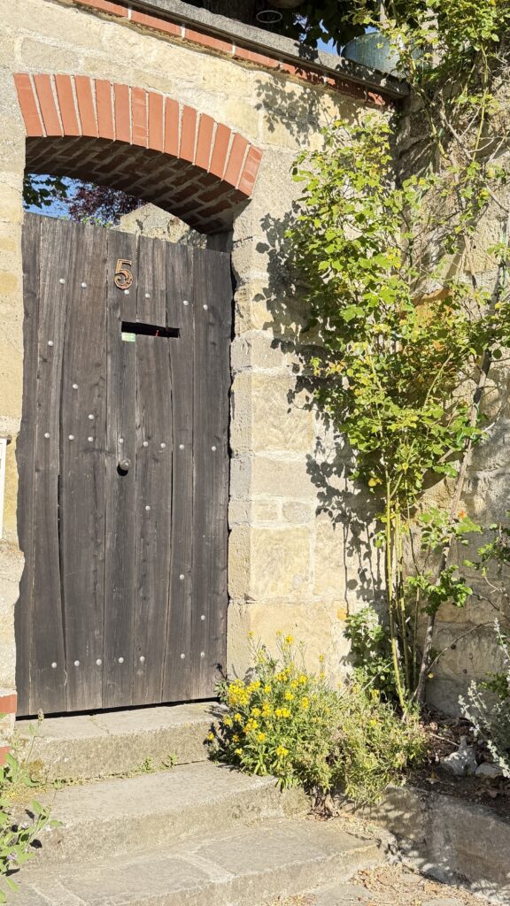Wooden door and stone wall